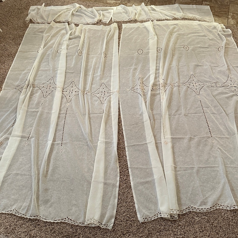 VTG White Sheer Cutwork Embroidered Curtain Panels & Valances Set 59"X84" each‎